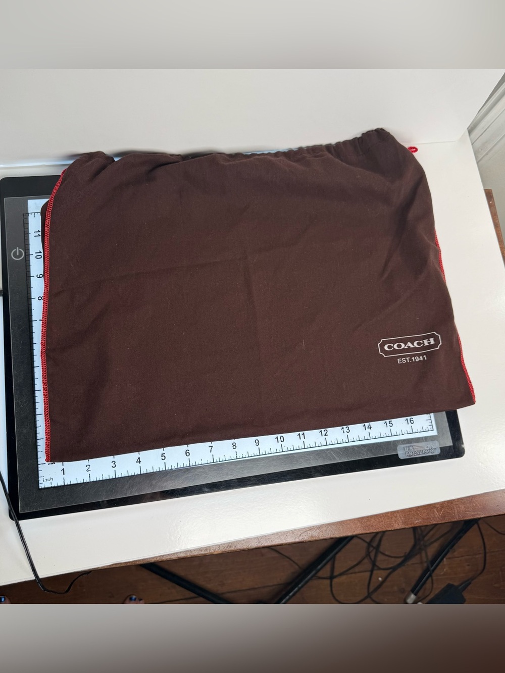 Coach Brown and red Drawstring Dust Bag.  18 wide by 15 inches.